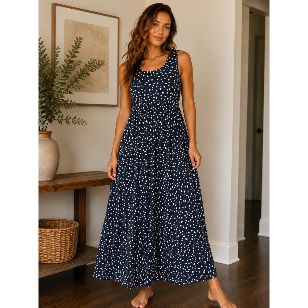 Chadwicks Navy Blue White Polka Dot Sleeveless Empire Waist Maxi Dress XL